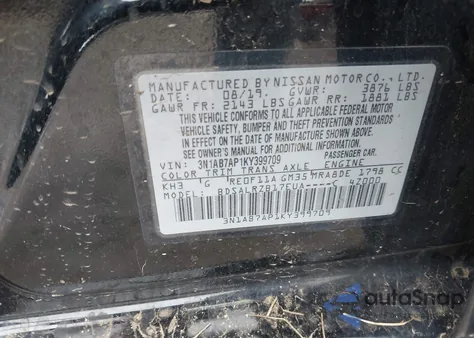 2019 Nissan Sentra Sr z USA, uszkodzony, nr VIN 3N1AB7AP1KY399709